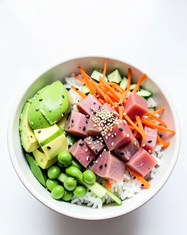 Fresh poke bowl with cubed ahi tuna, sliced avocado, edamame, carrots, cucumber, and sesame seeds