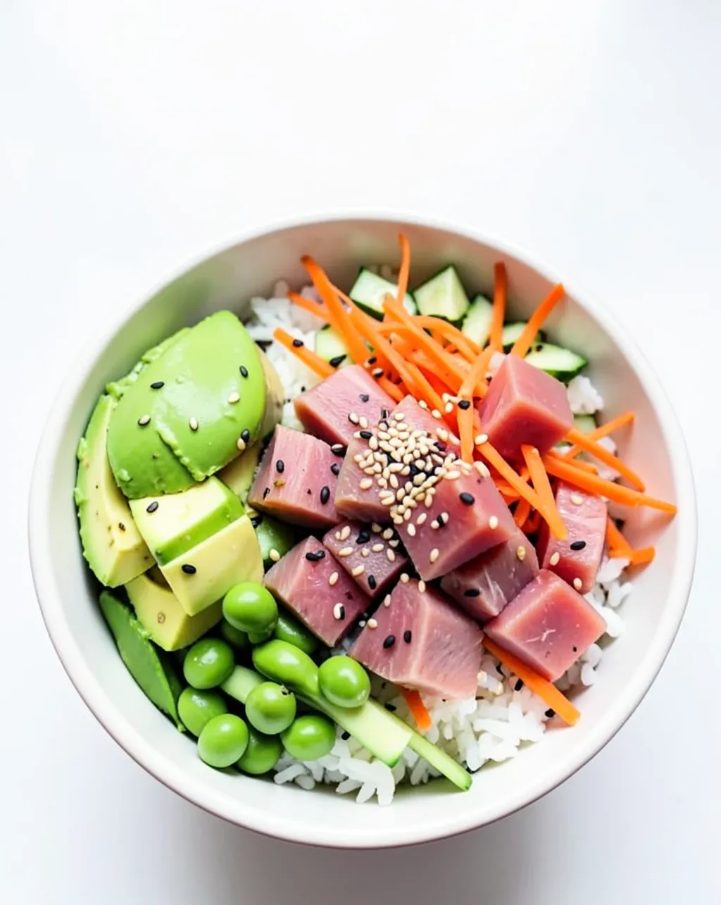 Fresh poke bowl with cubed ahi tuna, sliced avocado, edamame, carrots, cucumber, and sesame seeds