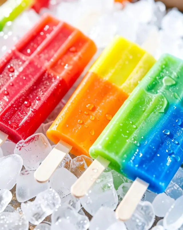 Bright rainbow popsicles in red, orange, yellow, green, and blue resting on crushed ice with condensation