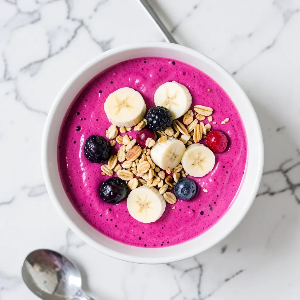 Overhead view of pink acai smoothie bowl topped with banana, granola, and berries on marble