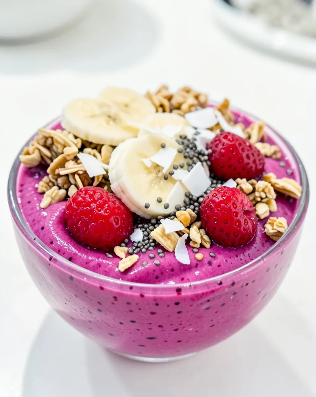 Vibrant acai smoothie bowl topped with granola, banana, berries, coconut flakes, and chia seeds
