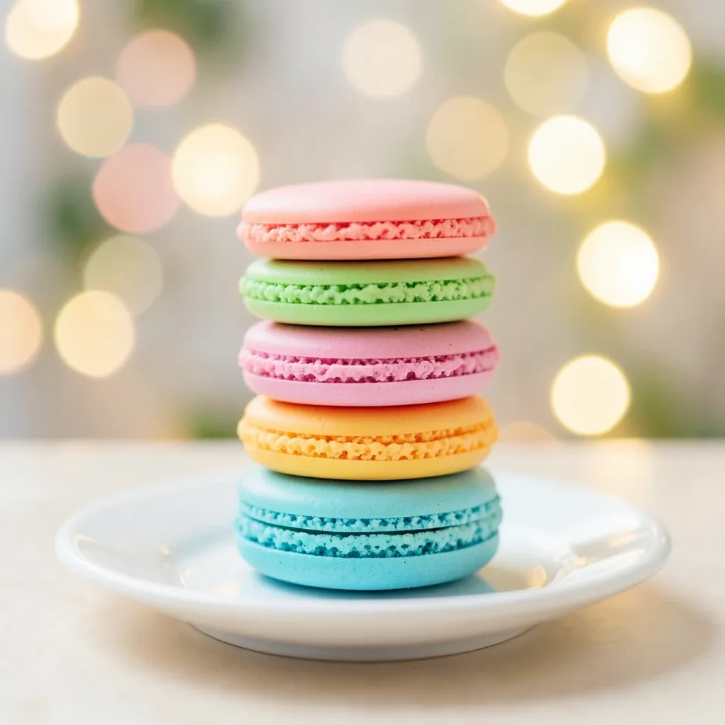 Neat rainbow stack of pastel macarons on a small white plate with soft bokeh background