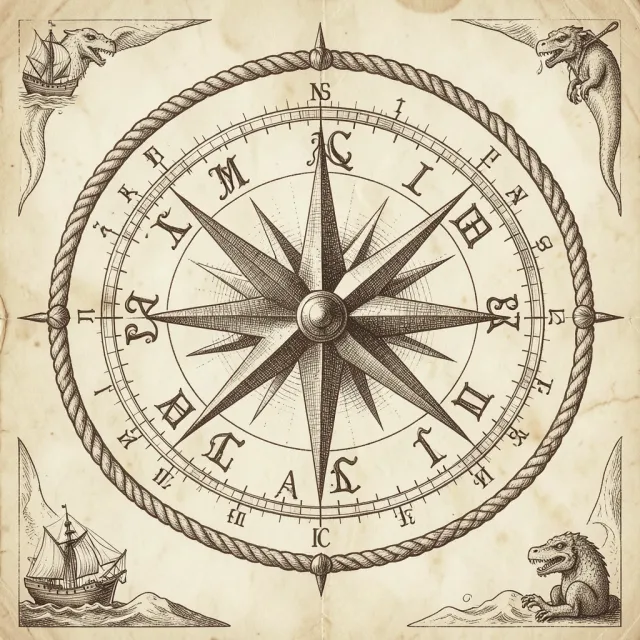 A vintage compass rose with eight points, rope border, and sea monster in sepia ink.
