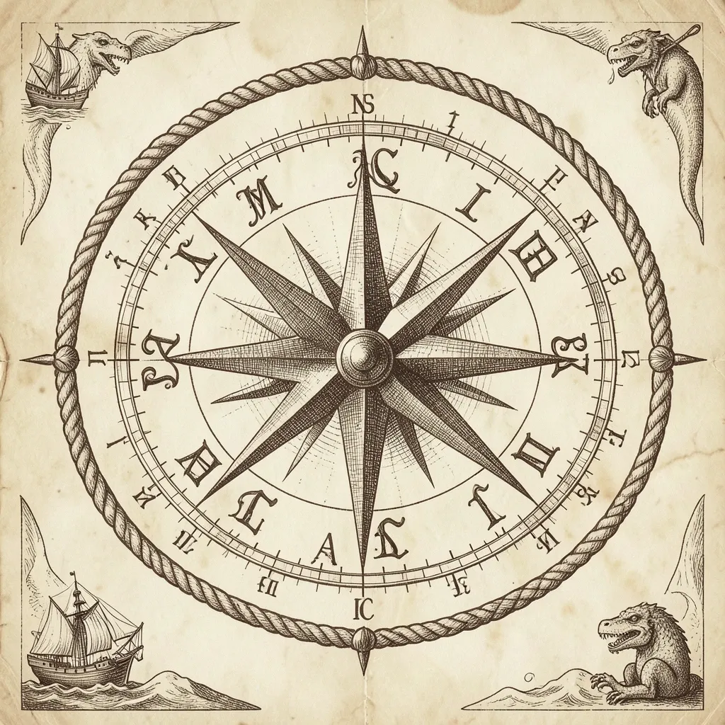 A vintage compass rose with eight points, rope border, and sea monster in sepia ink.