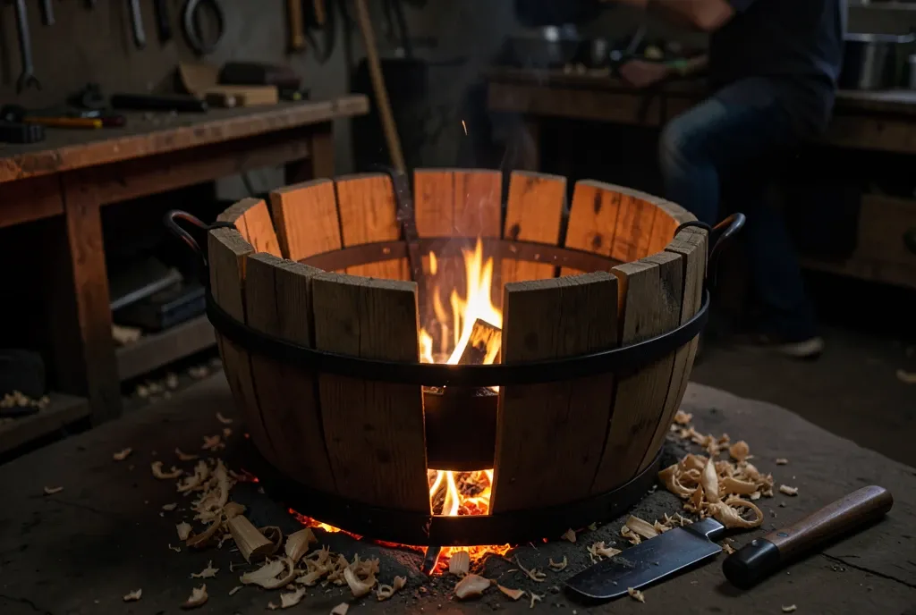 A cooper fitting curved oak staves into a rising barrel ring over a toasting fire pot.