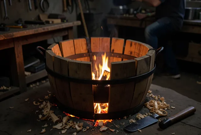 A cooper fitting curved oak staves into a rising barrel ring over a toasting fire pot.
