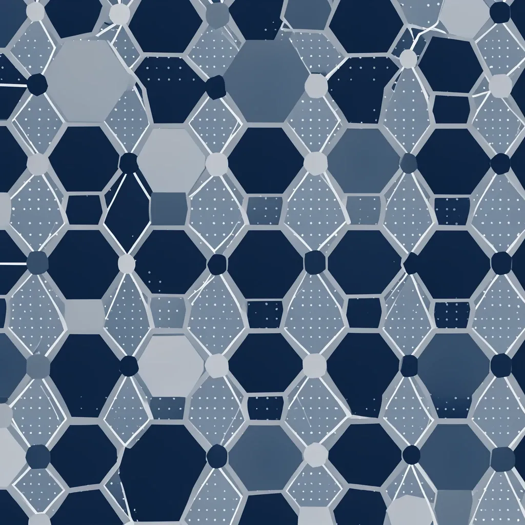 Corporate brand pattern of interlocking hexagons with connecting lines and dot grid in navy silver and white