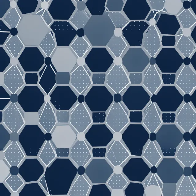 Corporate brand pattern of interlocking hexagons with connecting lines and dot grid in navy silver and white