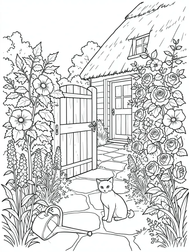 Coloring page outline of a cottage garden gate with hollyhocks, roses, a cat and a stone path