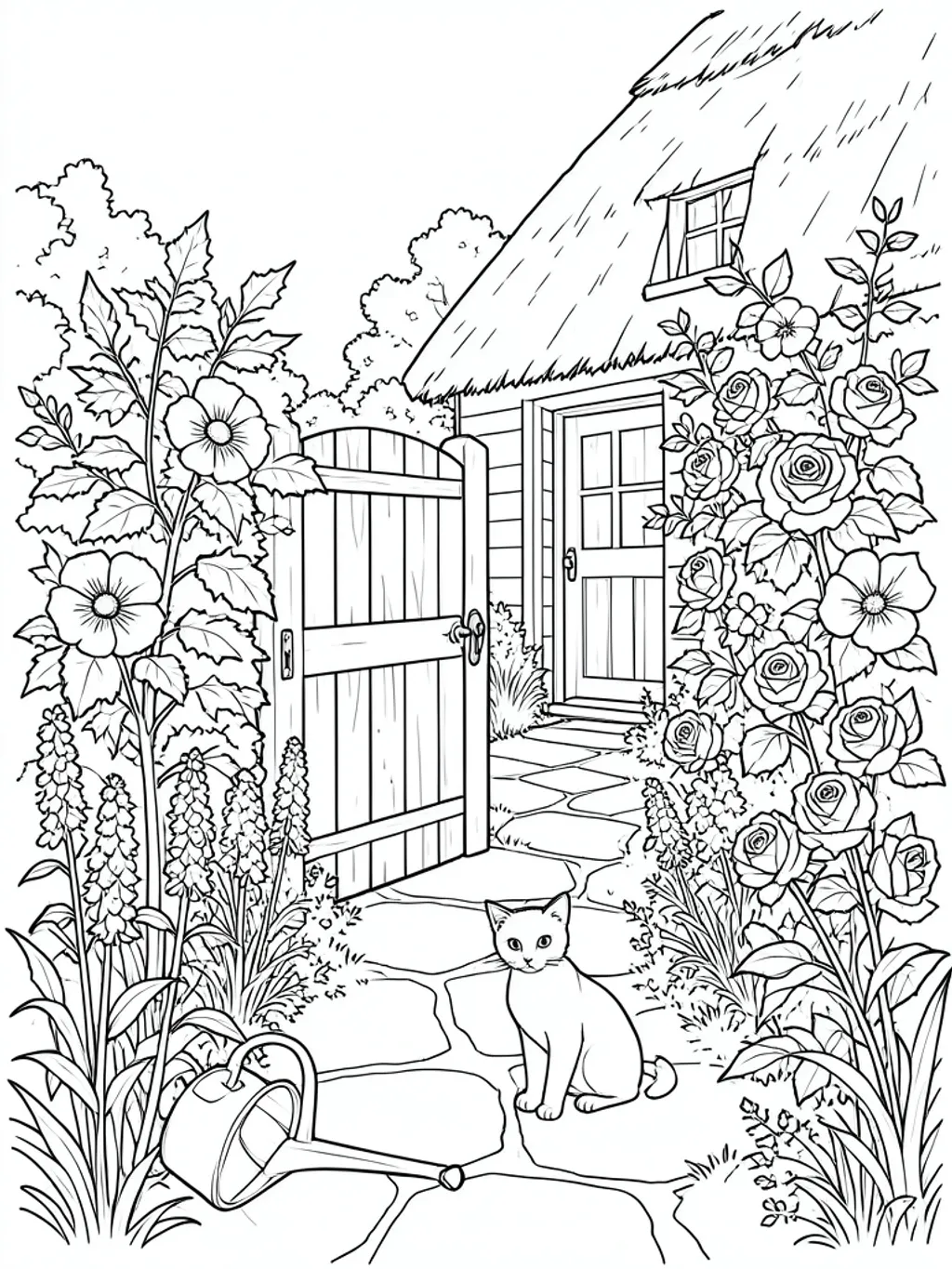 Coloring page outline of a cottage garden gate with hollyhocks, roses, a cat and a stone path