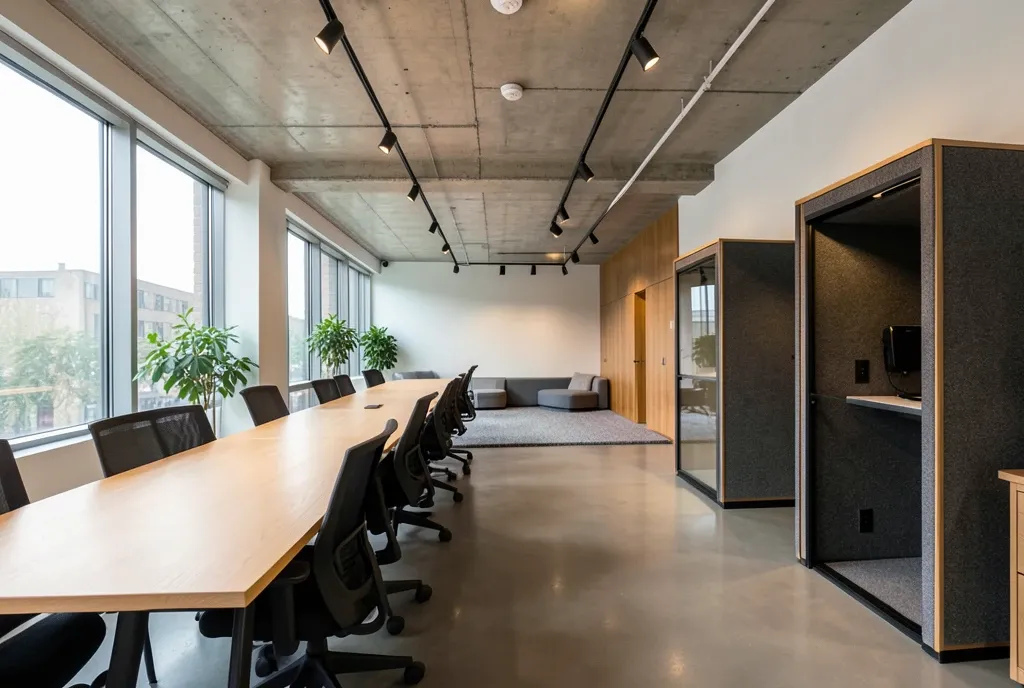 Modern coworking space with a shared oak desk, glass acoustic phone booths and tall windows