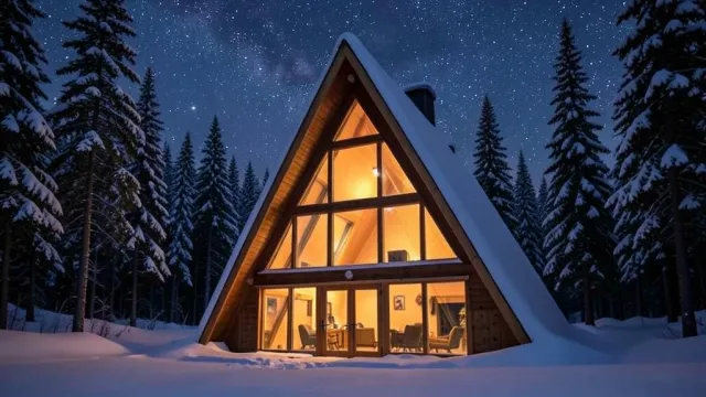 Triangular A-frame cabin glowing warmly in deep snow surrounded by tall pines under starry night sky
