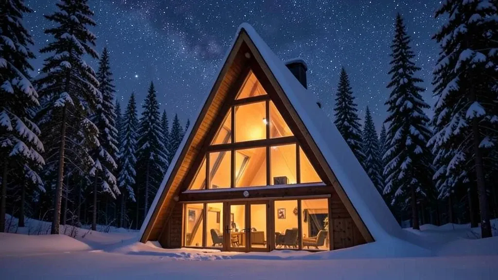 Triangular A-frame cabin glowing warmly in deep snow surrounded by tall pines under starry night sky
