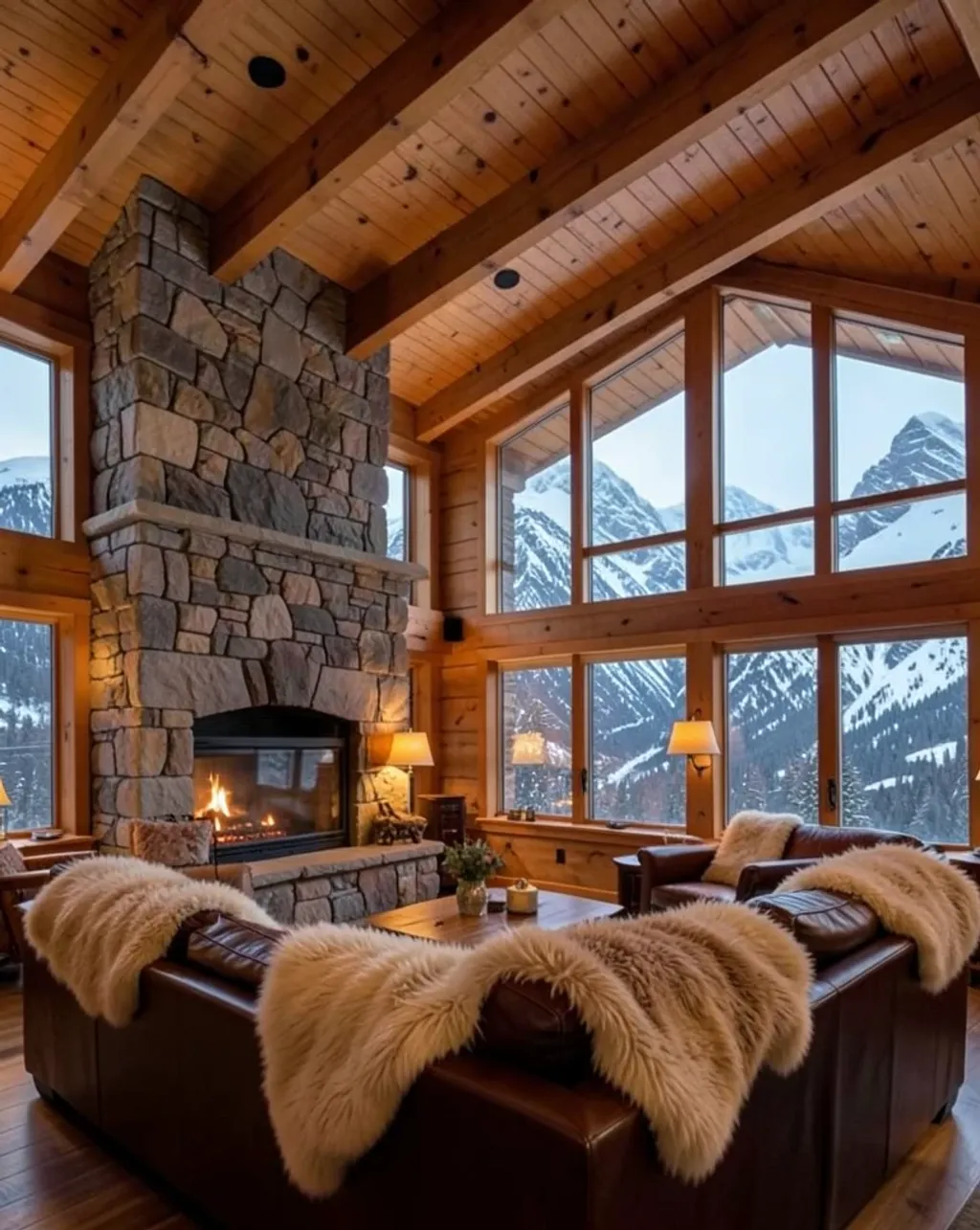 Cozy alpine ski lodge with stone fireplace, leather sofas, and snowy mountain views