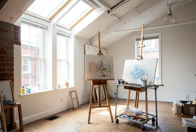 Bright artist loft with skylights, wooden easel, half-finished canvas, paint tubes, and rolling cart