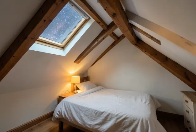 Cozy attic bedroom with slanted walls, linen bed under a skylight showing stars, and wooden beams