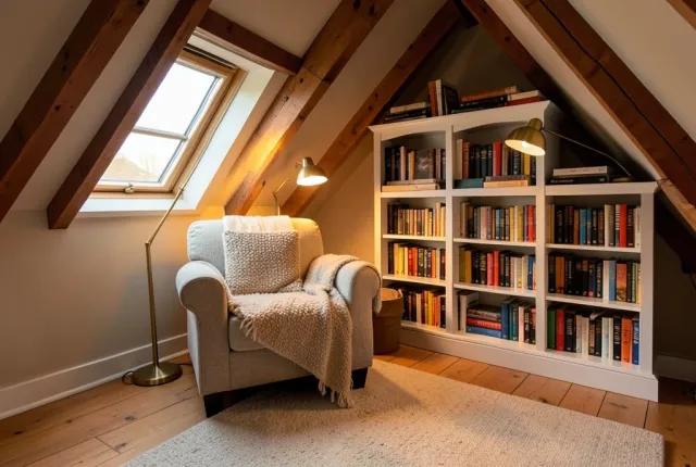 Cozy attic reading corner with a sloped beamed ceiling, armchair, built-in bookshelf and warm lamplight