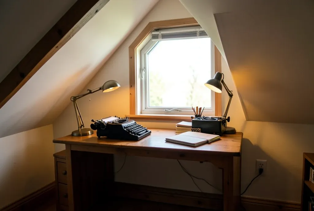 Cozy attic writing nook with slanted ceiling, wooden desk, vintage typewriter, notebooks, and warm lamp