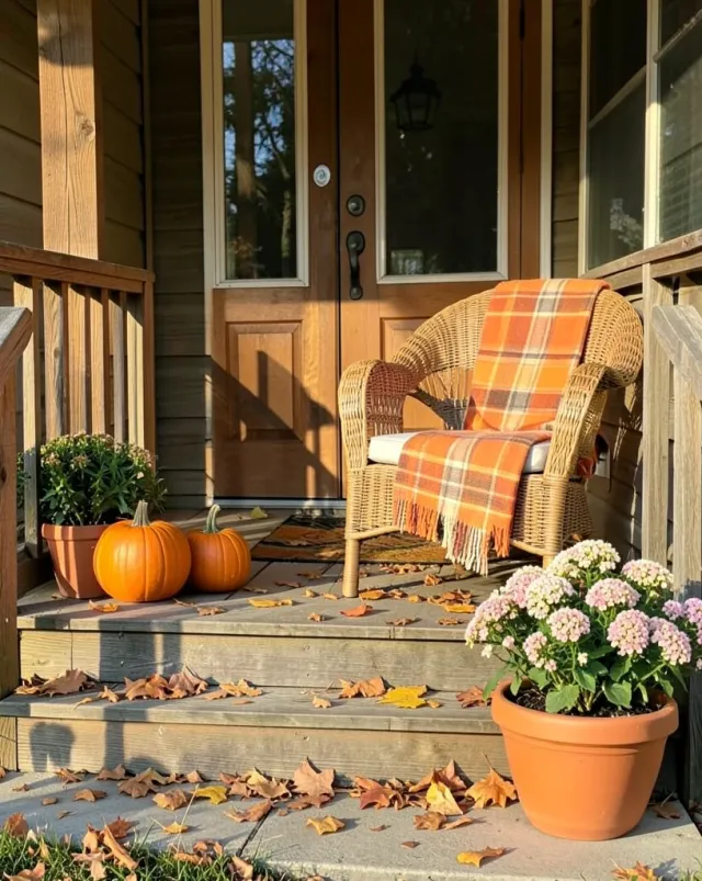 Cozy autumn porch with pumpkins, wicker chair, plaid blanket, potted mums, and fallen leaves