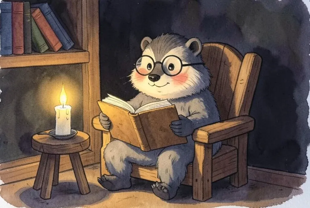Children's book illustration of a badger in glasses reading a book by candlelight in a cozy armchair