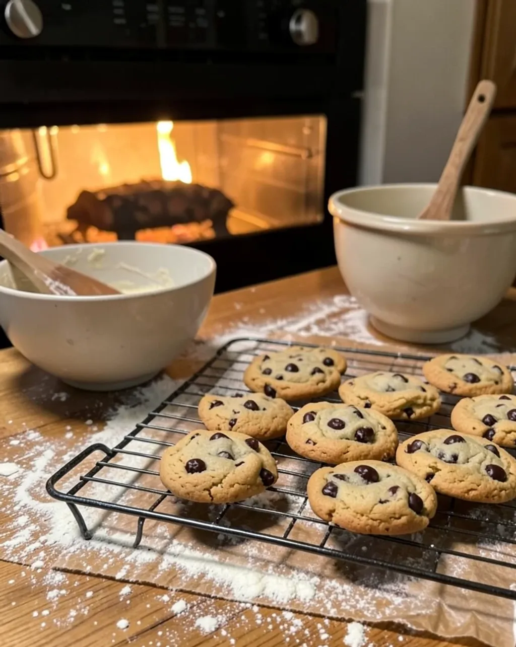 Cozy baking scene with chocolate chip cookies on a cooling rack and flour-dusted counter