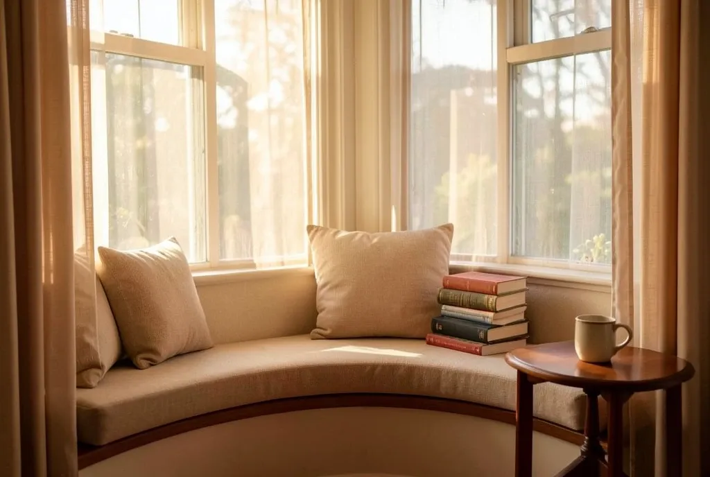 Cozy bay window reading seat with cushions, books, sheer curtains, and afternoon light