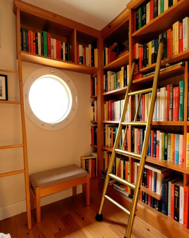 Cozy bookshelf nook with floor-to-ceiling shelves, a reading bench, round window, and brass ladder