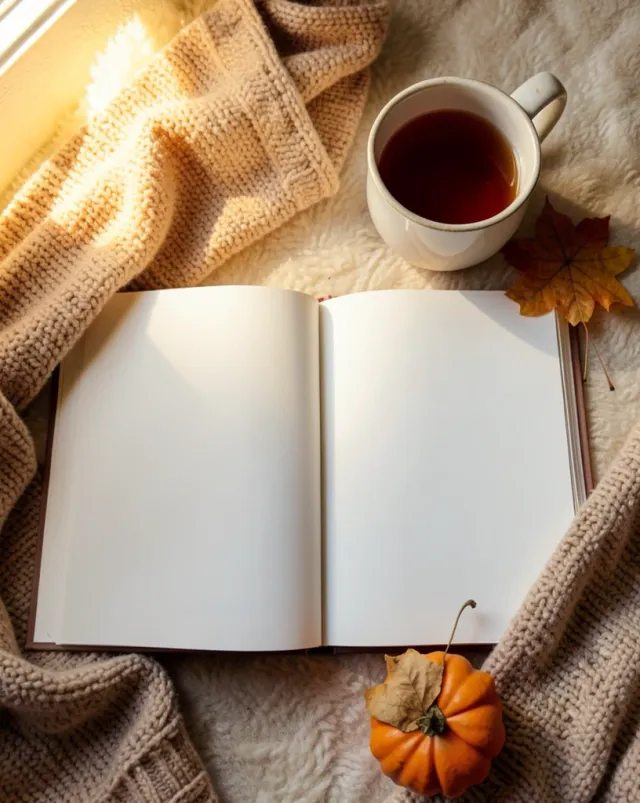 Cozy bookstagram flat lay with open book, tea, and autumn leaves