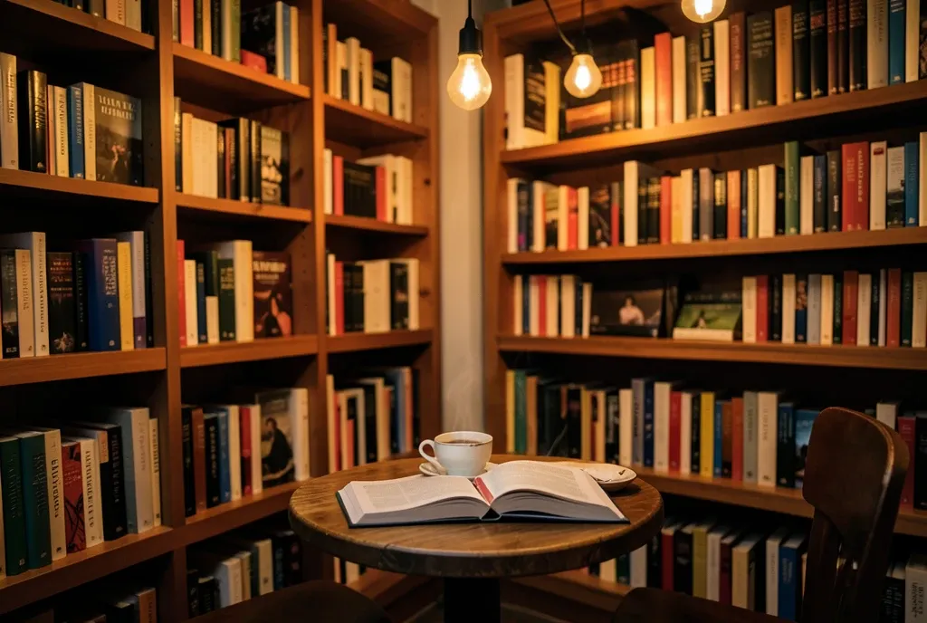 Cozy bookstore cafe corner with tall bookshelves, wooden table, steaming coffee, and open book