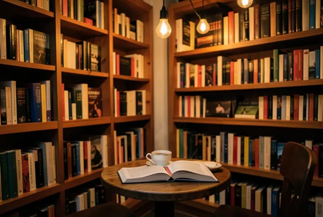 Cozy bookstore cafe corner with tall bookshelves, wooden table, steaming coffee, and open book