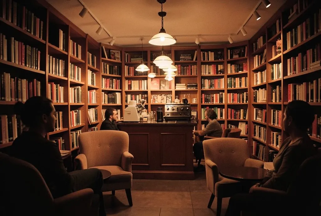 Cozy bookstore cafe with floor-to-ceiling shelves, espresso bar, warm pendant lights, and armchairs