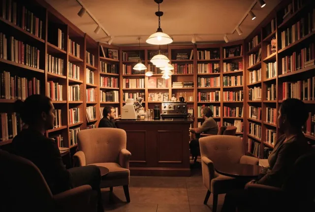 Cozy bookstore cafe with floor-to-ceiling shelves, espresso bar, warm pendant lights, and armchairs
