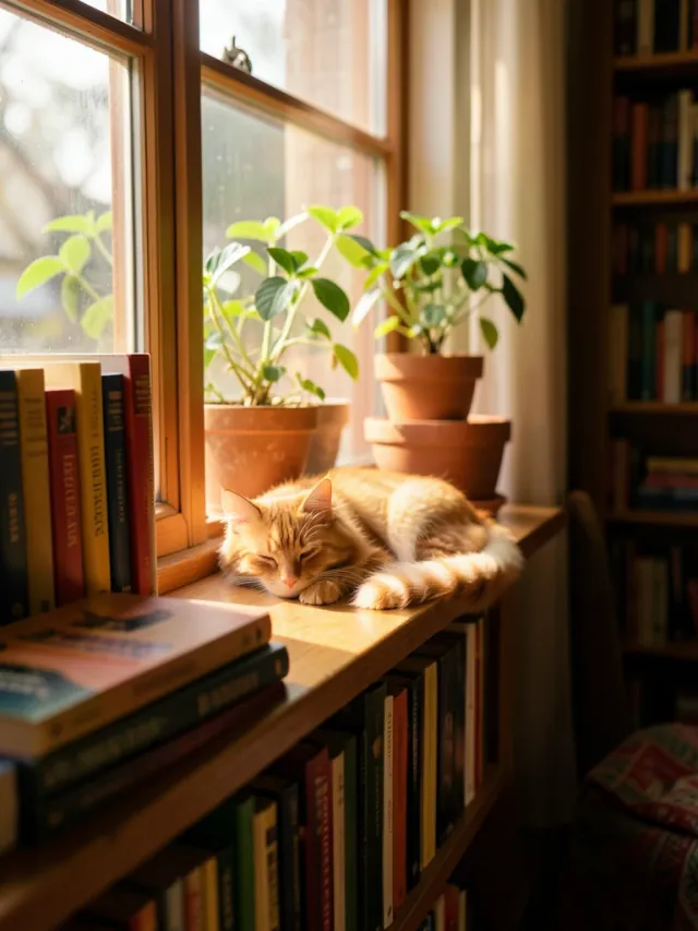 Ginger cat sleeping on a sunlit bookstore windowsill surrounded by stacked books