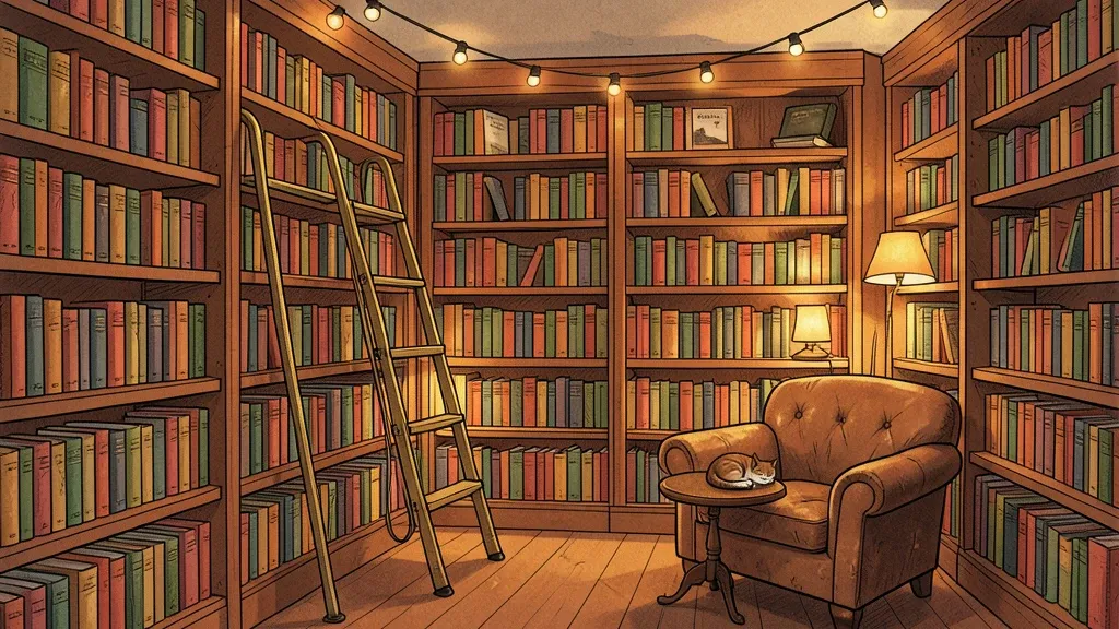 Cozy storybook bookstore with tall wooden shelves, a brass rolling ladder, warm lamps, and a worn leather armchair
