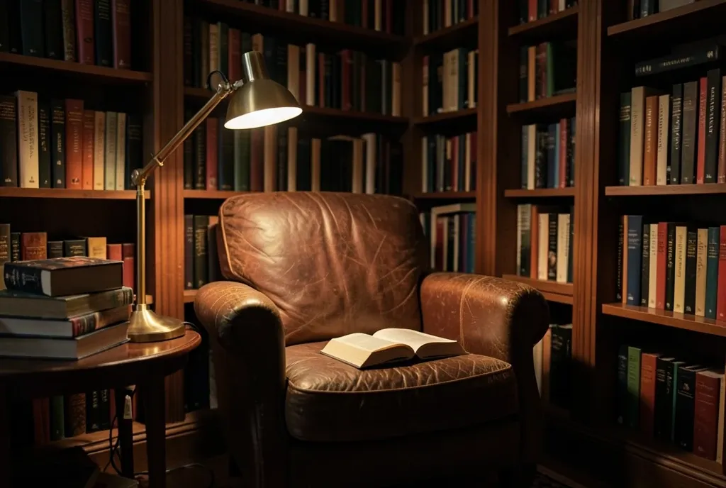 Cozy bookstore corner with a leather armchair, tall bookshelves, and a warm brass reading lamp