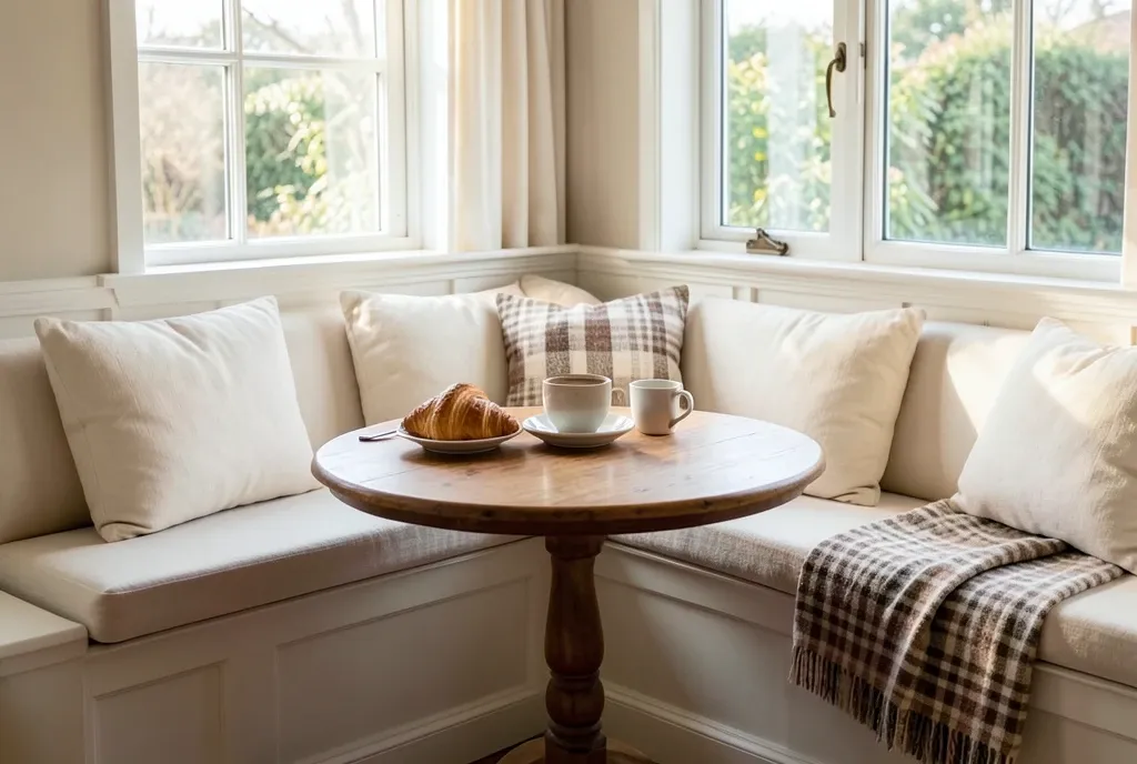 Cozy breakfast nook with built-in banquette, cream cushions, wooden table, coffee, and morning window light