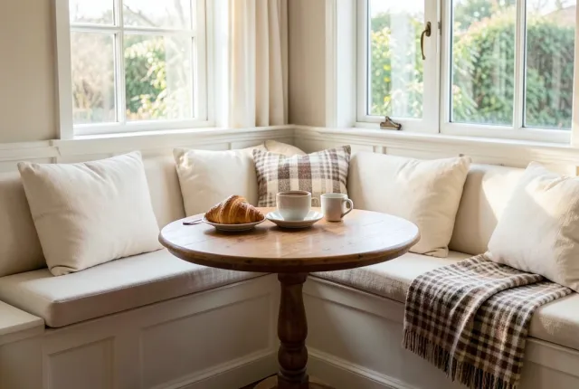 Cozy breakfast nook with built-in banquette, cream cushions, wooden table, coffee, and morning window light