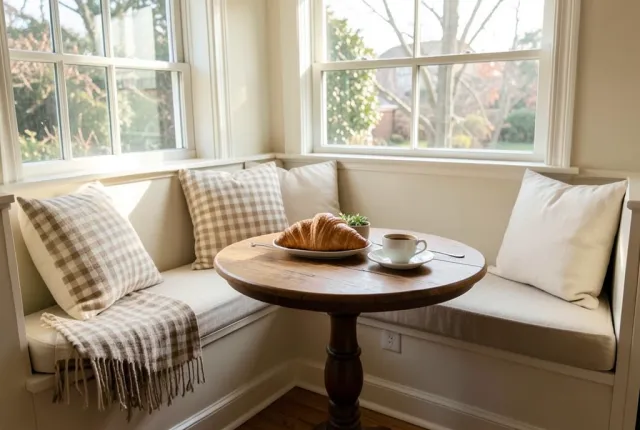 Cozy breakfast nook with built-in banquette, cream cushions, wooden table, coffee, and morning window light