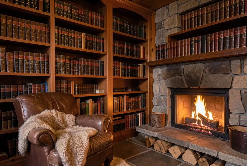 Cozy cabin library with leather-bound bookshelves, armchair, stone fireplace, and wool throw