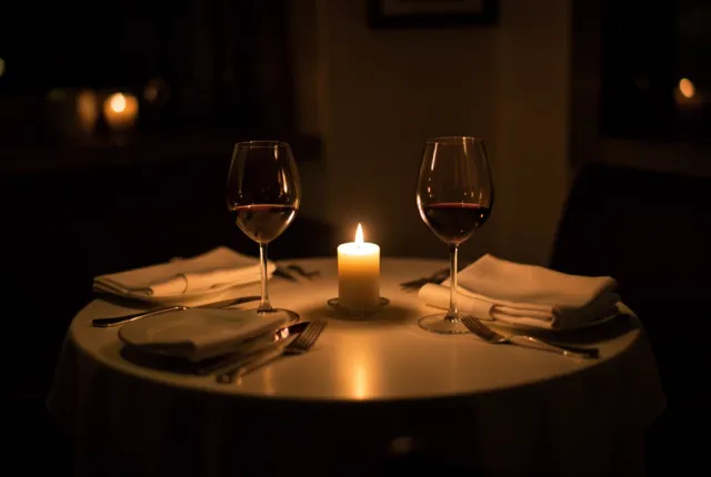 Cozy candlelit dinner table for two with wine glasses, folded napkins, and flickering candles