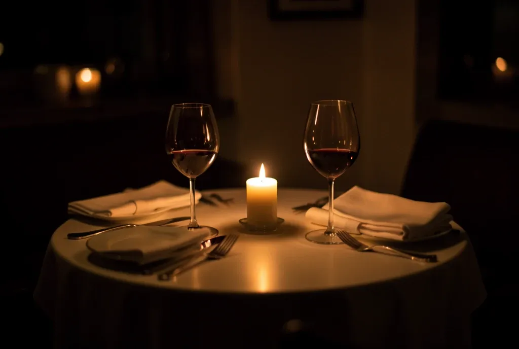 Cozy candlelit dinner table for two with wine glasses, folded napkins, and flickering candles