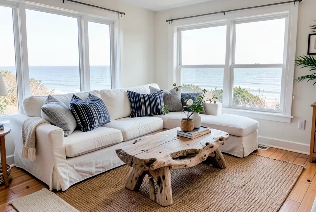 Cozy coastal cottage living room with white sofa, navy pillows, driftwood table, jute rug, and sea view