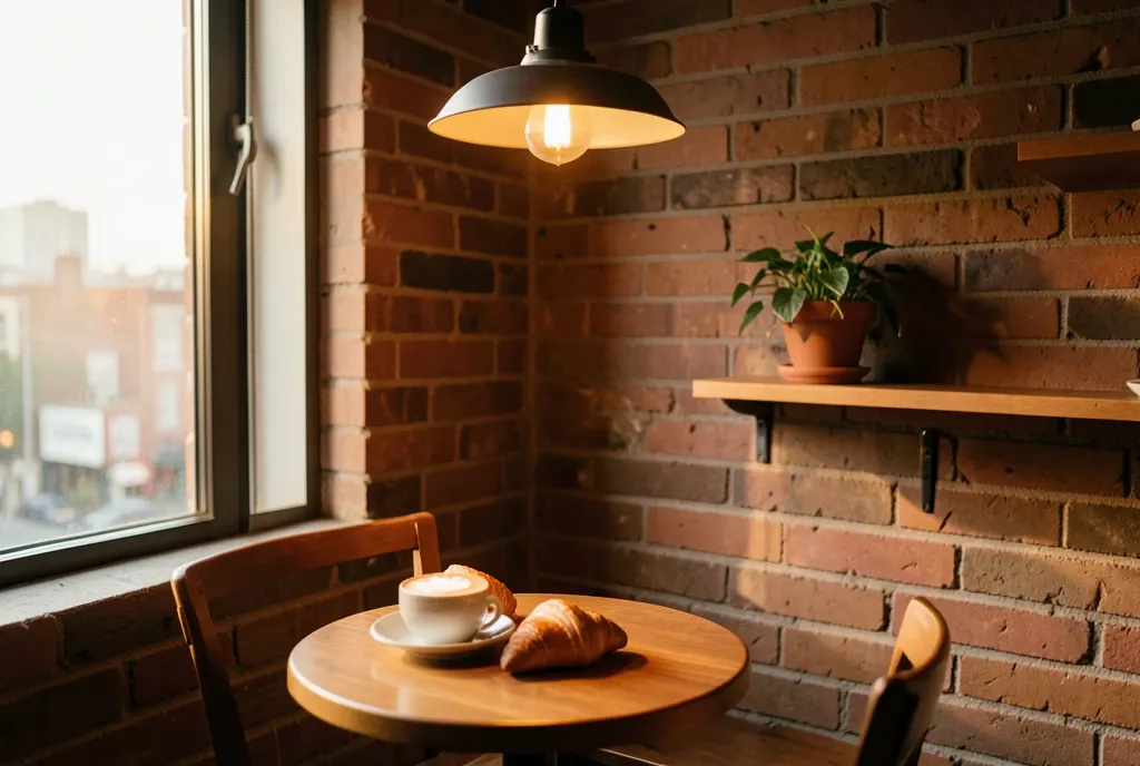Cozy coffee shop table with latte and croissant under warm pendant light, exposed brick and morning window light