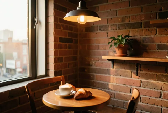 Cozy coffee shop table with latte and croissant under warm pendant light, exposed brick and morning window light