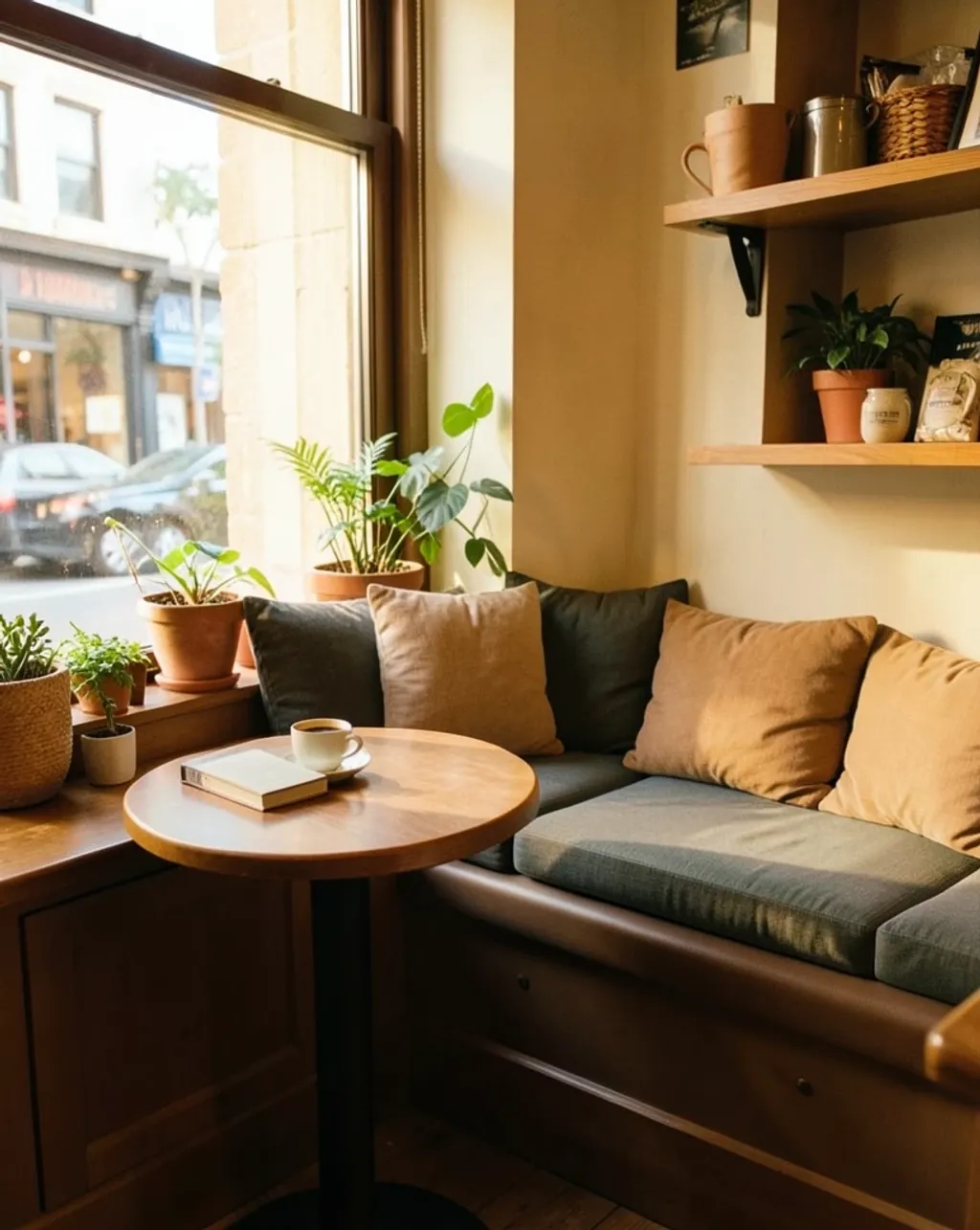 Cozy coffee shop window seat with plush cushions, coffee cup, book, and plants on sunny sill