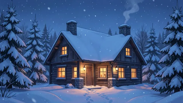 A snow-covered timber cottage at dusk with warm amber light glowing in every window and smoke from the chimney