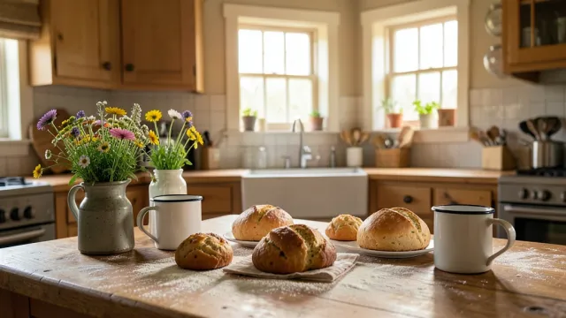 Cozy cottage kitchen with scones, enamel mugs, and afternoon light through paned windows