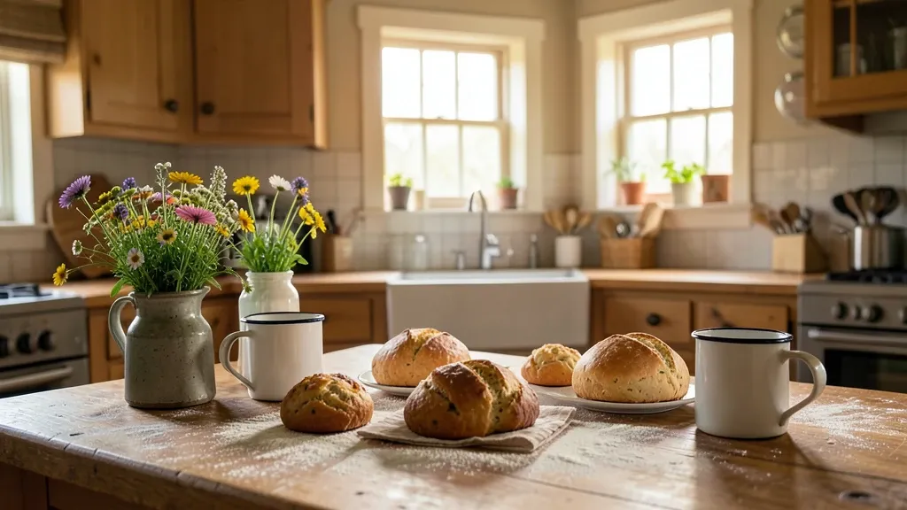 Cozy cottage kitchen with scones, enamel mugs, and afternoon light through paned windows