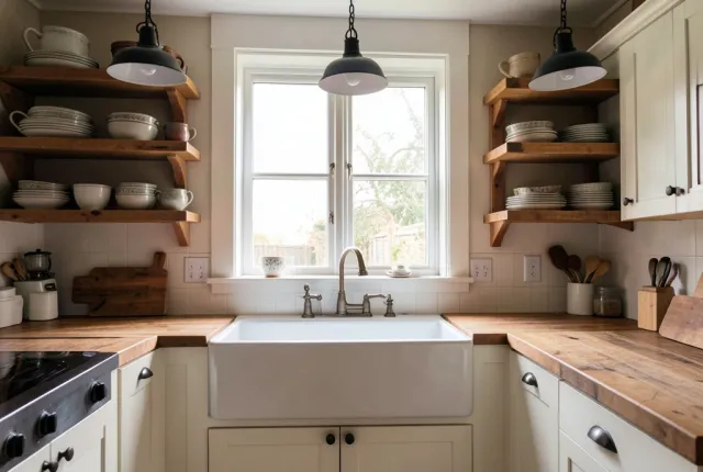 Cozy farmhouse kitchen with apron sink, open wood shelves, black pendant lights, and butcher block counters