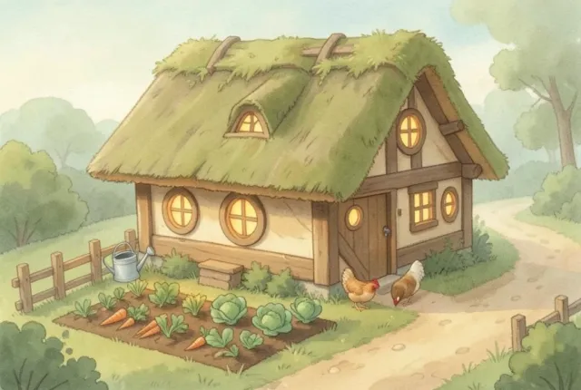Storybook farming game cottage with a mossy thatched roof, glowing windows and a vegetable plot
